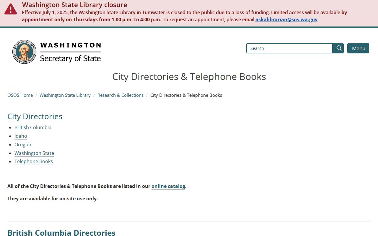 Washington State Library city directory holdings used for Pullman directory research